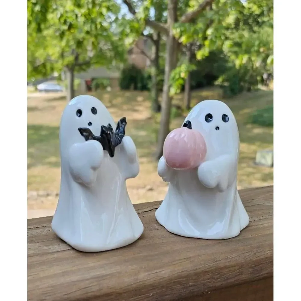 Target Hyde & EEK Boutique Ceramic Ghost with Bat + Pumpkin Halloween‎ Figurines